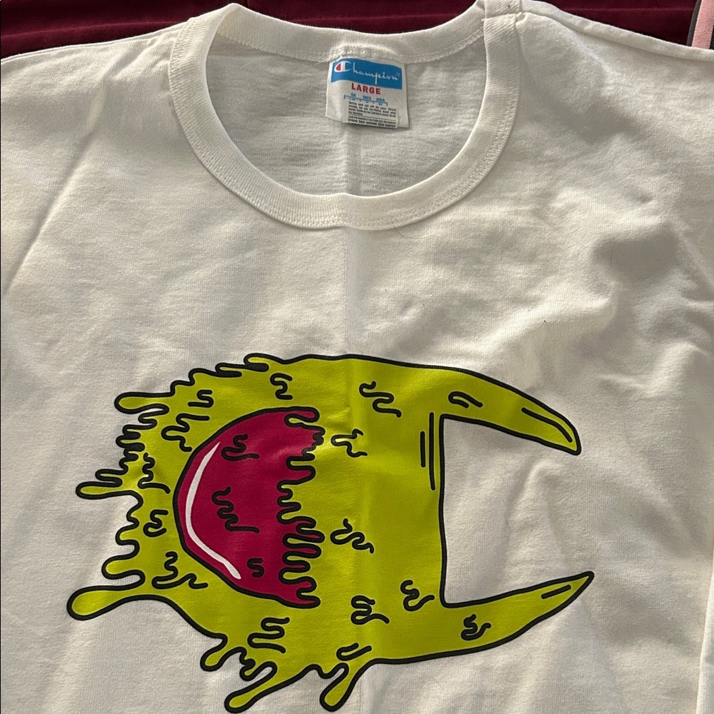 Champion Adult White Long Sleeved Tee with Green and Pink Graphic